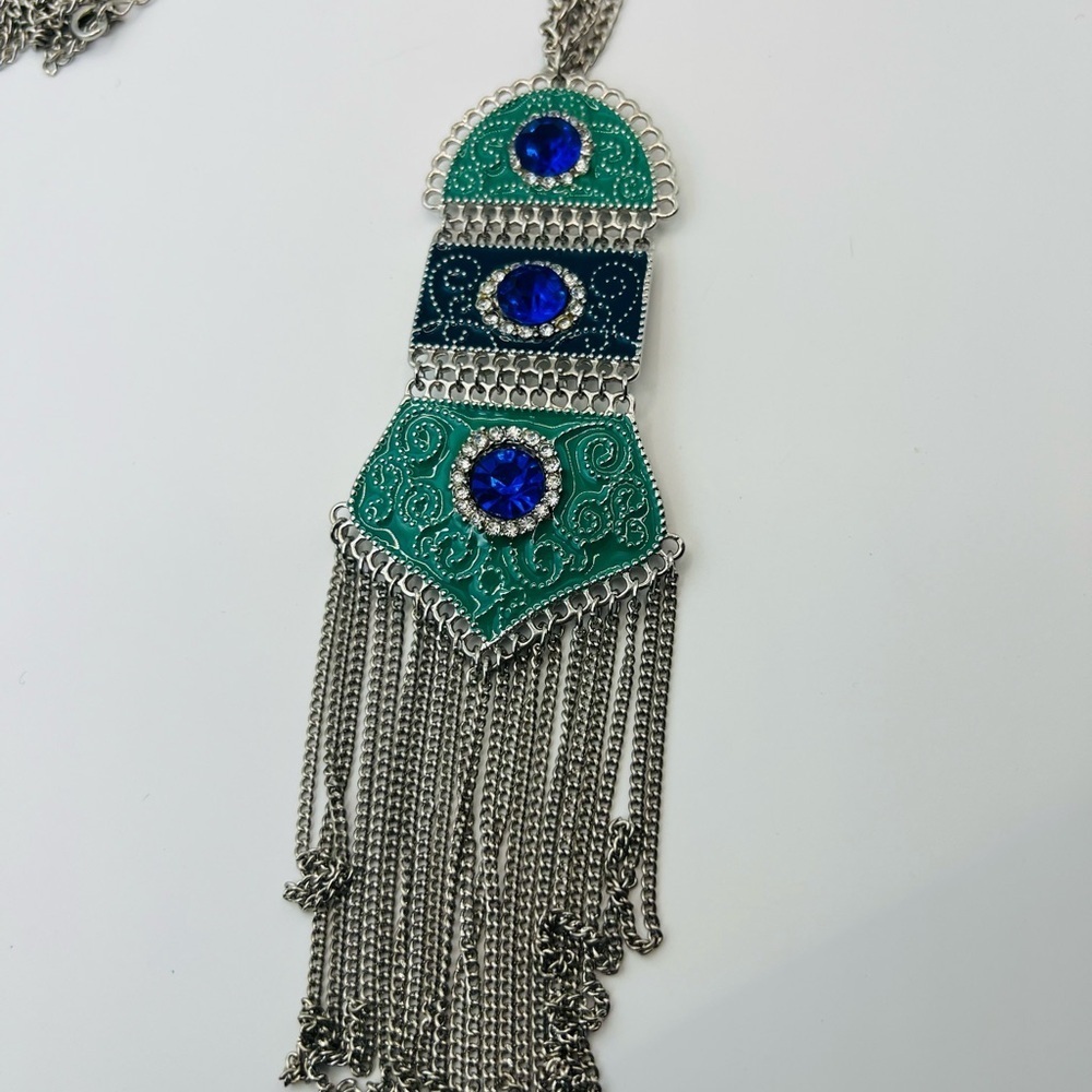 Vintage Boho Fringe Necklace Silver Tone Blue Rhinestone Enamel Statement - Picture 3 of 4